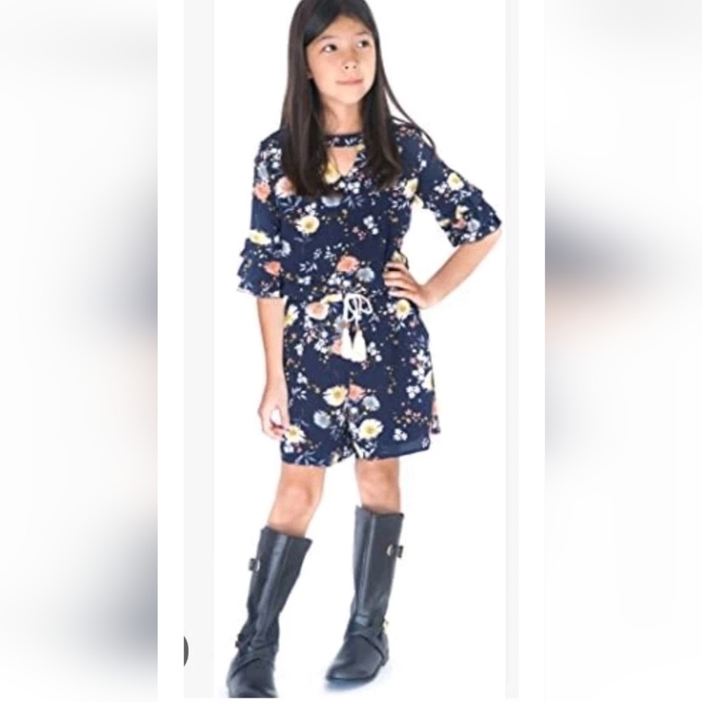 Smukke Big Girls Tween Floral Romper Tier Ruffle Shorts Tie Pockets Boho Navy 10